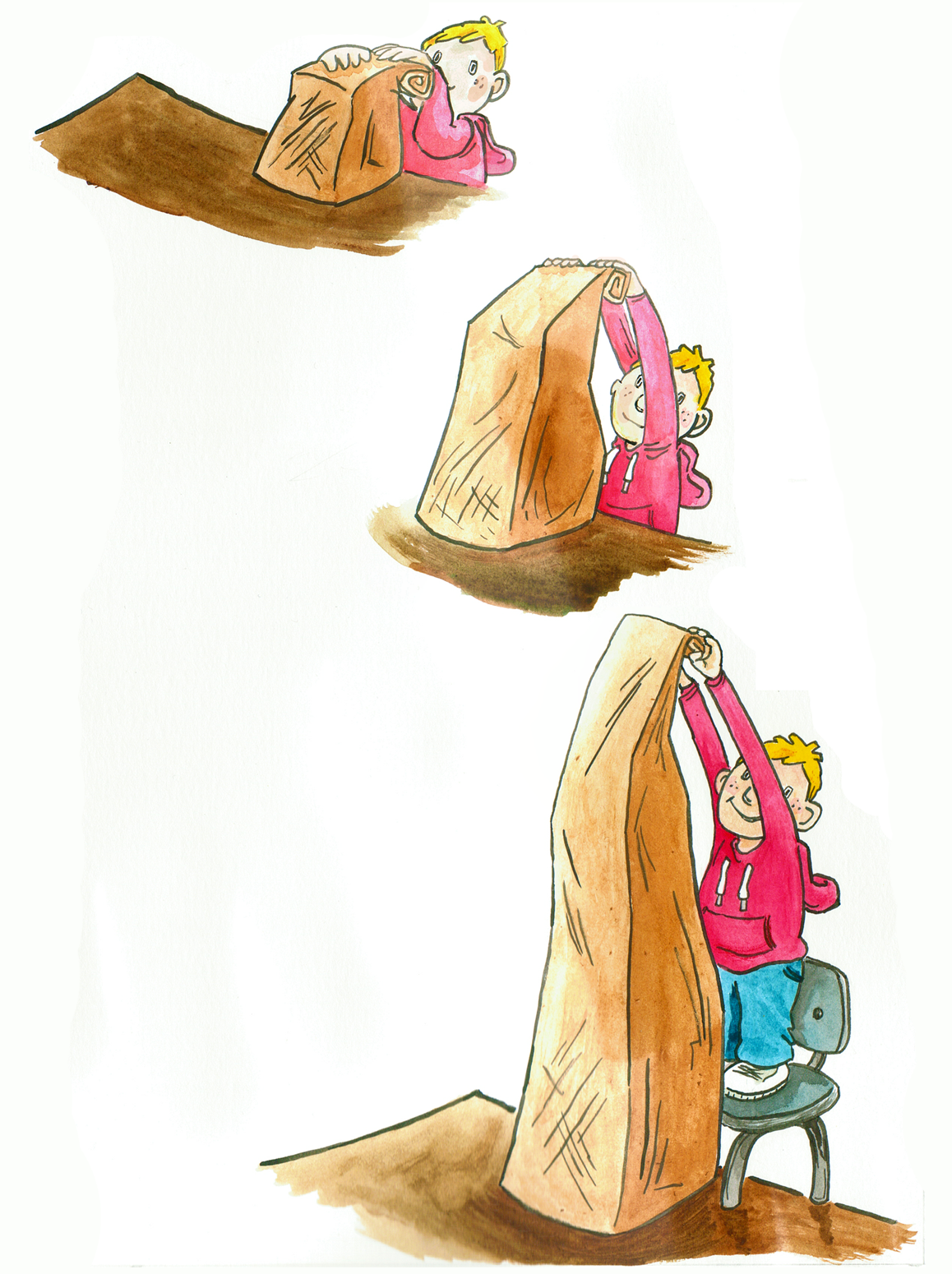 "Stewart Unrolls his Bag" - watercolor with ink